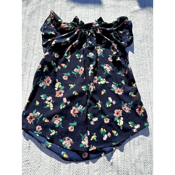 SIENNA Sky Blouse Small Blue Floral Ruffle keyhole Cap Sleeve Top Flowy Womens - Picture 4 of 7